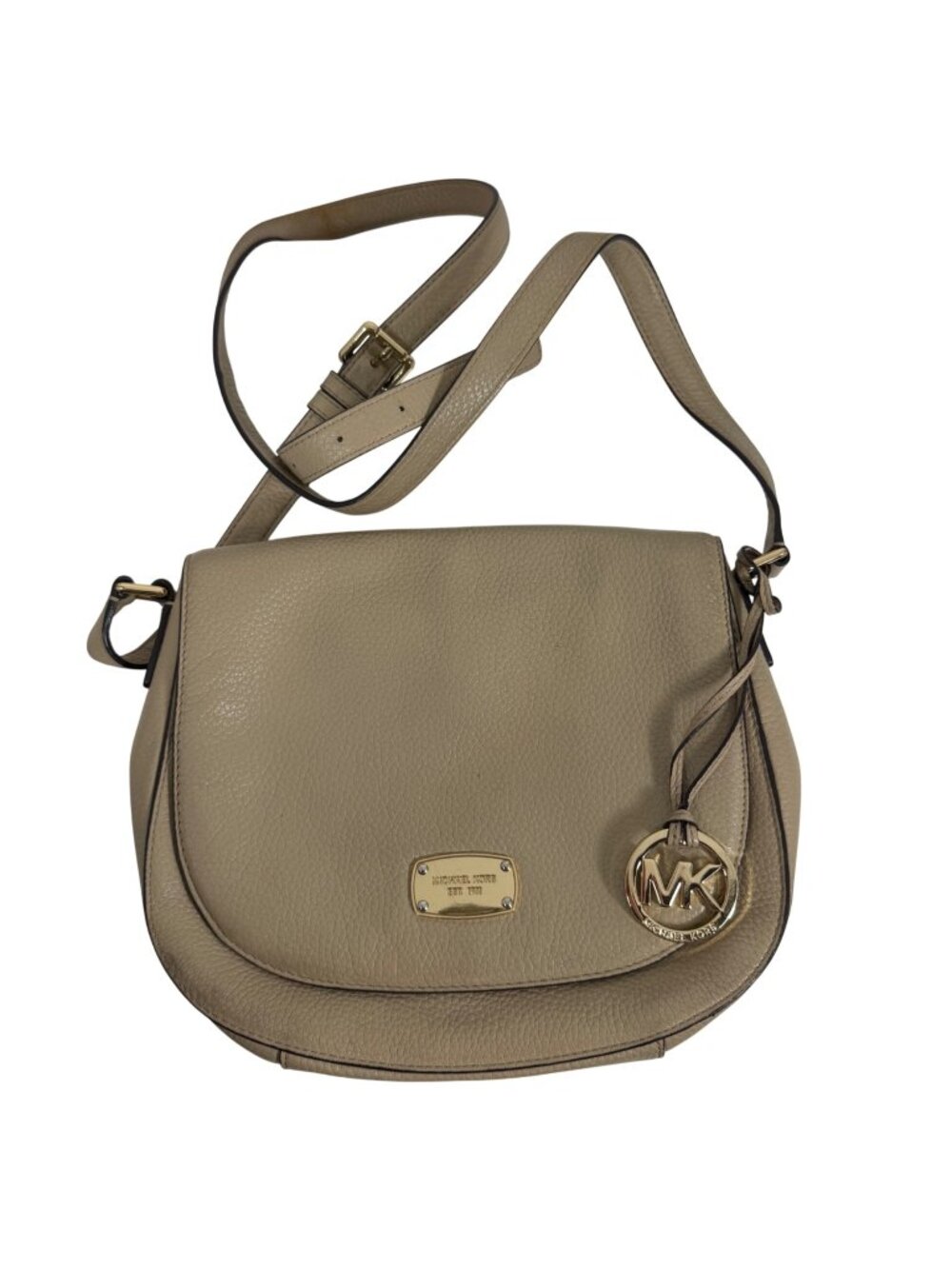 Michael Kors Beige Pebbled Leather Saddle Front Flap Crossbody Bag